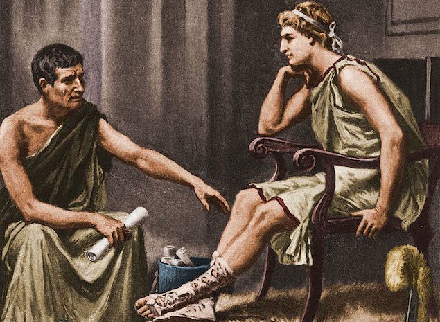 Alexander the Great listens from a chair while Aristotle holds a scroll and instructs him